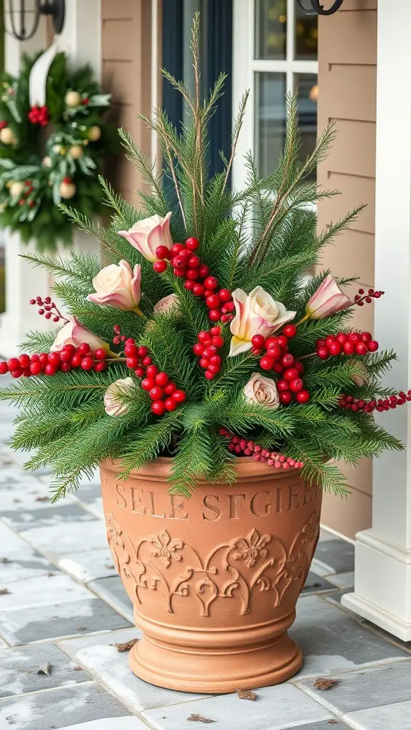 A seasonal planter filled with evergreens, red berries, and pink roses, placed on a stone pathway.