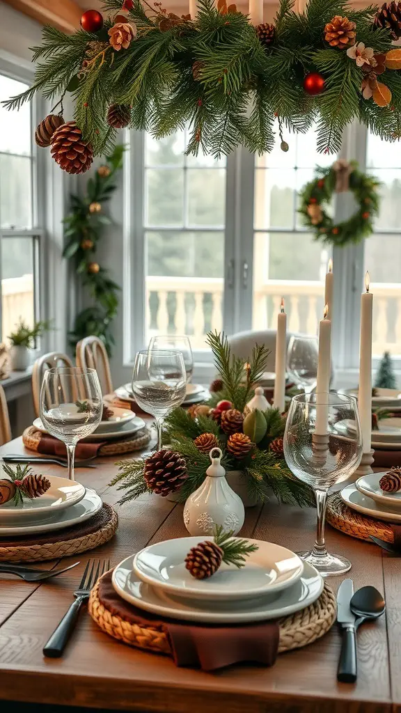 A beautifully set Christmas dinner table with natural decor, featuring greenery, pinecones, candles, and elegant dinnerware.