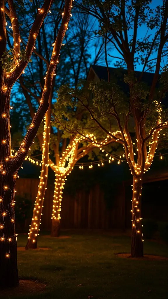 Backyard trees wrapped in warm string lights at night