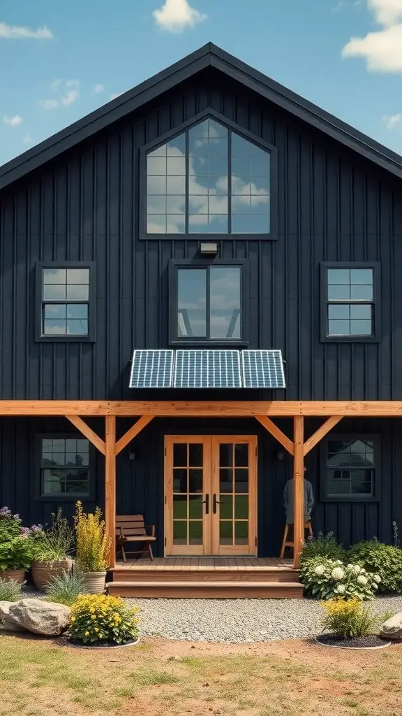 25+ Stunning Black Barndominium Designs You’ll Love 3 A black barndominium with solar panels, large windows, and native plants in the garden.