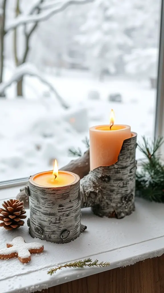Birch bark candle holders with candles on a snowy windowsill