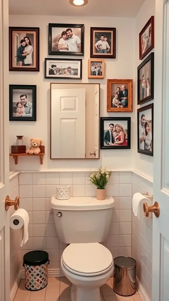 Small bathroom with a personalized family photo gallery on the wall