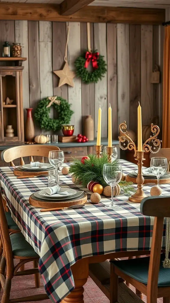A rustic farmhouse Christmas dinner table setting with a plaid tablecloth, wooden chairs, and festive decorations.