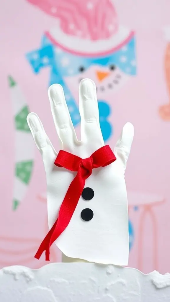 A handprint snowman craft with a white handprint, red ribbon, and black buttons.
