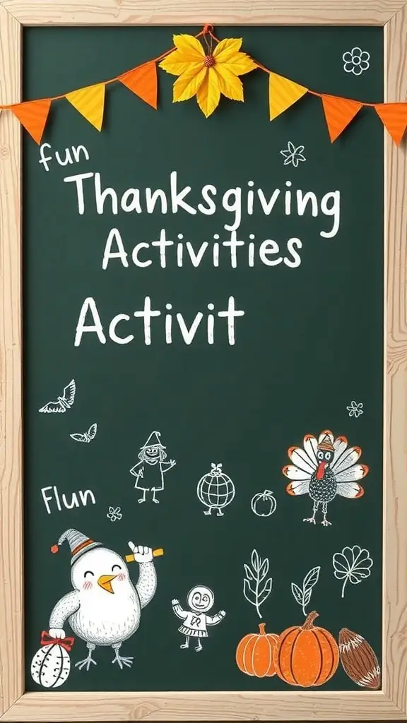 Chalkboard art showcasing fun Thanksgiving activities for kids with drawings of a turkey, pumpkins, and a cheerful bird.