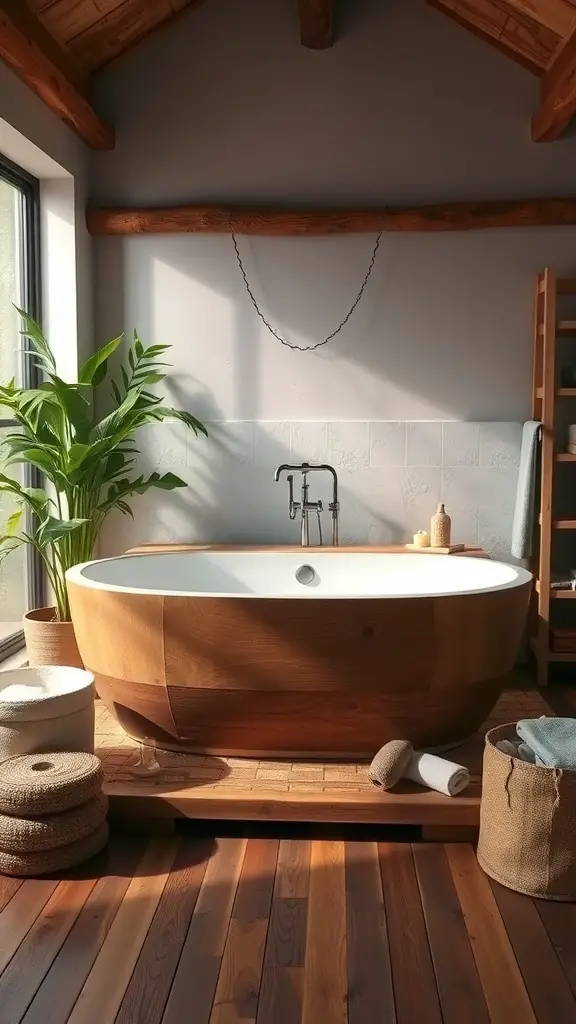 A rustic wooden bathtub surrounded by natural light and plants, showcasing a cozy bathroom design.