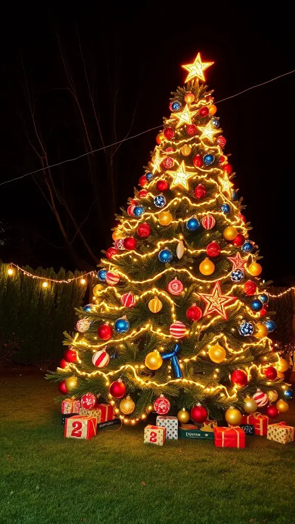 A beautifully decorated outdoor Christmas tree with colorful ornaments and lights, surrounded by wrapped gifts.