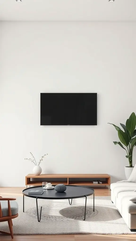 A modern minimalist living room with a wall-mounted TV, simple furniture, and a few decorative elements.