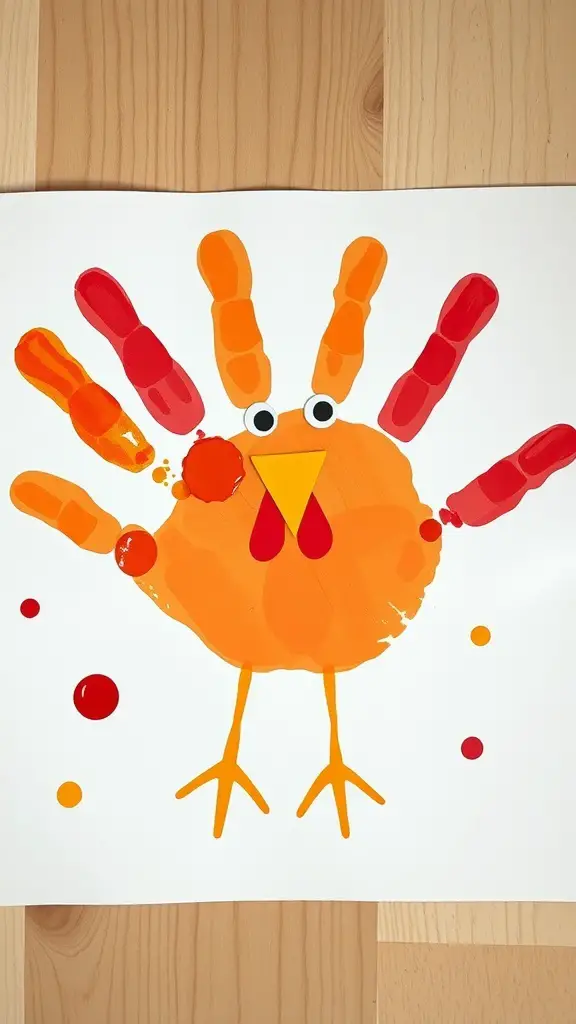 27+ Creative Thanksgiving Crafts for Preschoolers 7 A colorful handprint turkey art made with orange, red, and yellow paint.