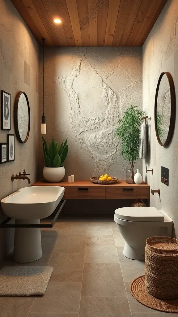 27+ Stunning Mid Century Modern Bathroom Ideas You'll Love 12 A mid-century modern bathroom featuring earthy textures and tones, with a wooden ceiling, textured walls, and minimalist fixtures.