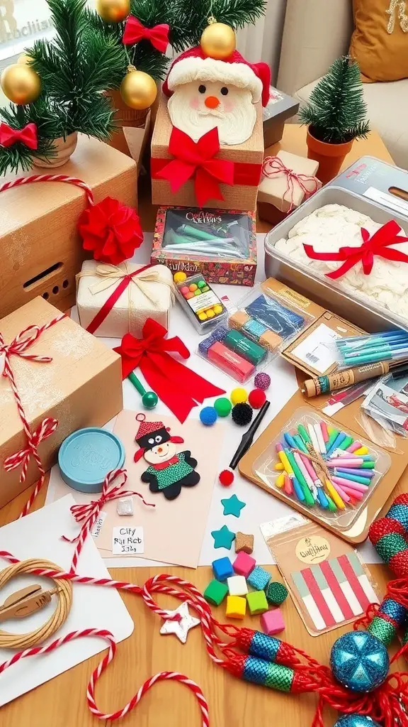 29+ Must-Have Christmas Wishlist Ideas for Everyone 14 A colorful assortment of DIY craft supplies for Christmas, including a Santa box, pom-poms, markers, and more.