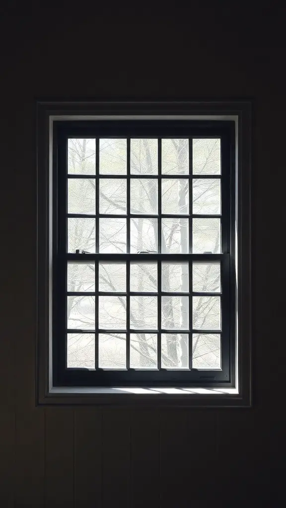 A window with a dark trim and grid pattern, allowing light to filter through.
