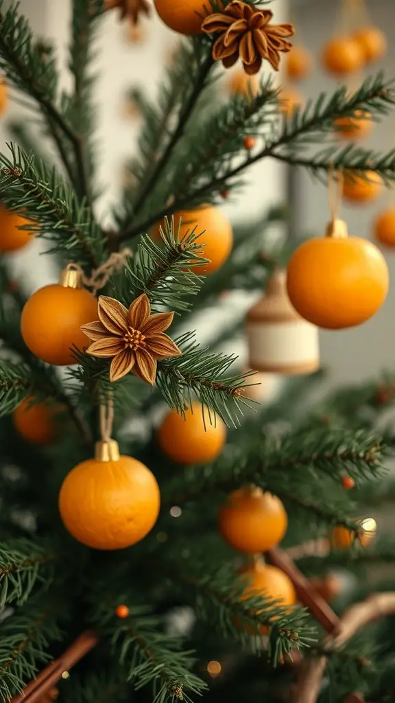 A Christmas tree decorated with orange ornaments and star anise.