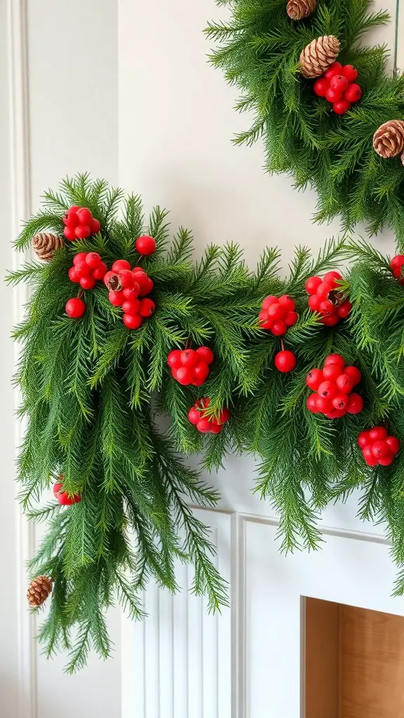 Evergreen garland with red berries and pine cones