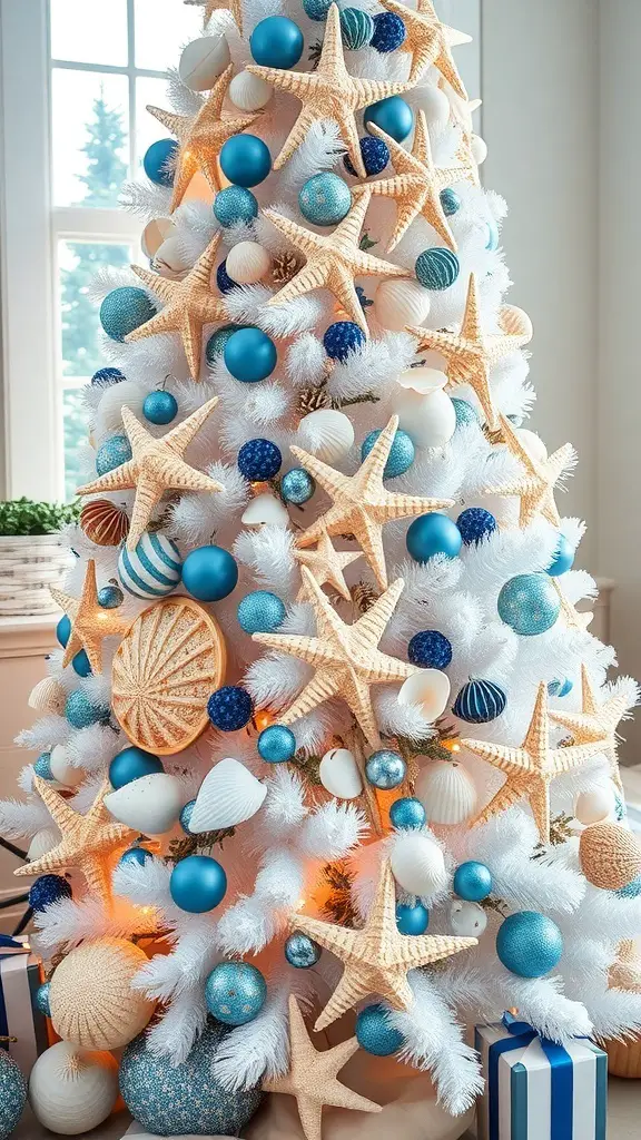 A white Christmas tree decorated with starfish, seashells, and blue ornaments for a nautical theme.