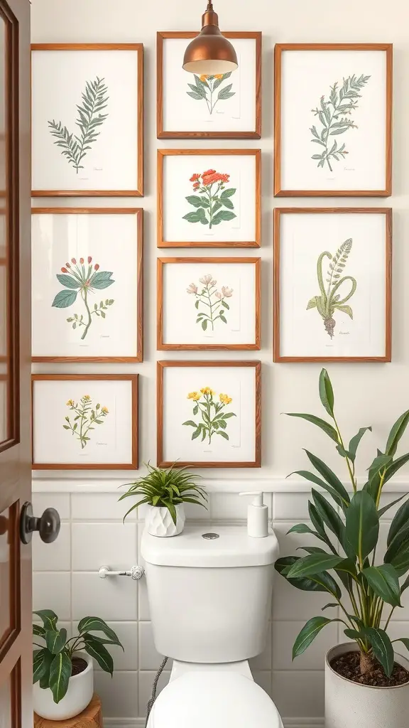 A collection of framed botanical prints on a bathroom wall, complemented by potted plants.