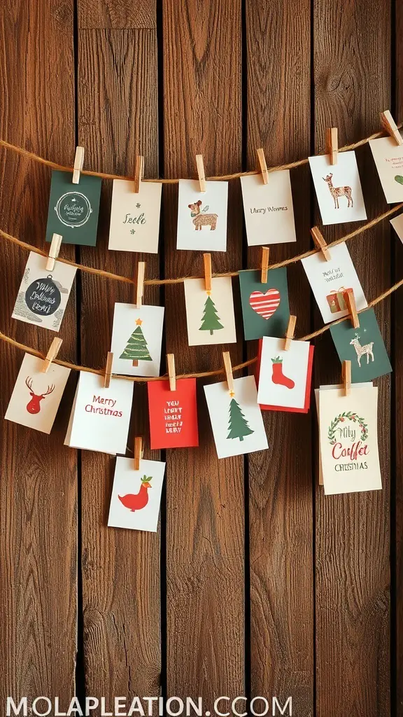 Rustic Christmas card display with various holiday cards hanging on a string against a wooden background.