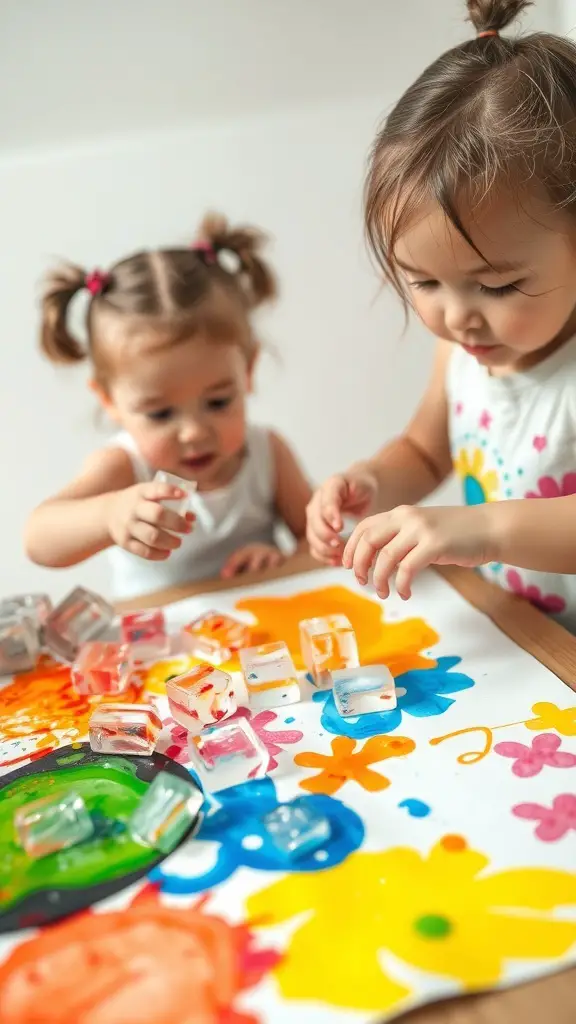 Two toddlers engaged in ice painting with colorful ice cubes on paper.