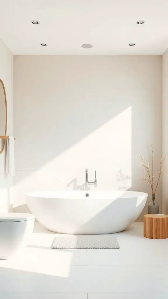 25+ Stunning Master Bath Ideas to Transform Your Space 8 Minimalist bathroom with an oval bathtub, neutral tones, and natural light.