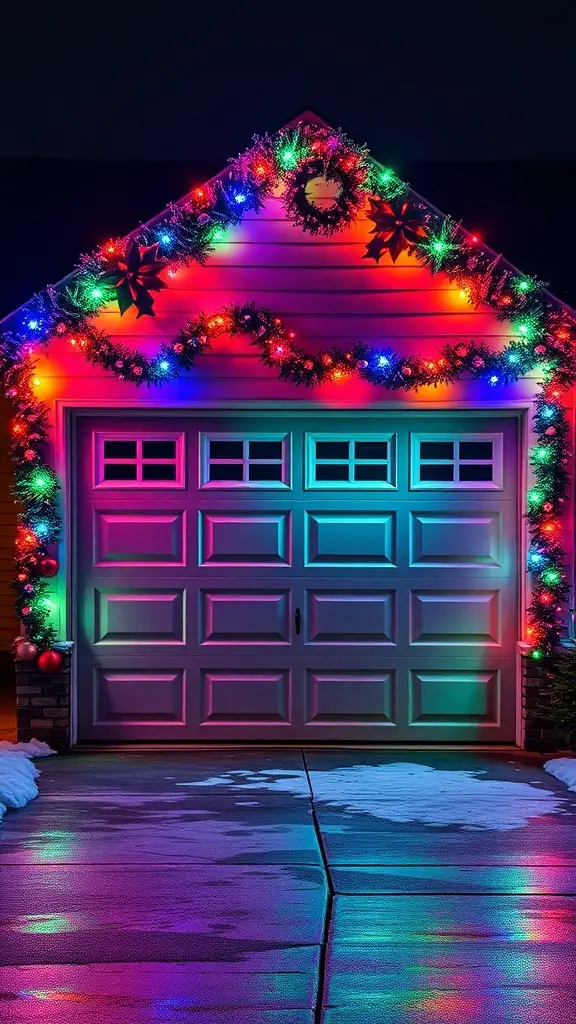 29+ Creative Garage Door Christmas Decorations You'll Love 8 A brightly lit garage door decorated with colorful Christmas lights and greenery.