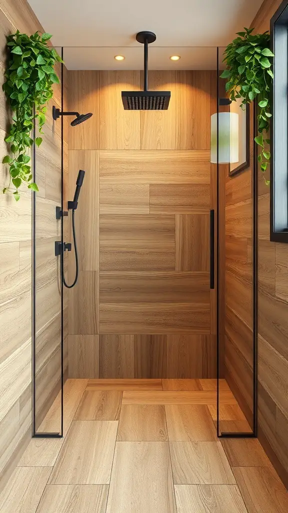 27+ Stunning Shower Tile Ideas to Transform Your Bathroom 9 A modern shower featuring wood-look porcelain tiles, black fixtures, and hanging plants.