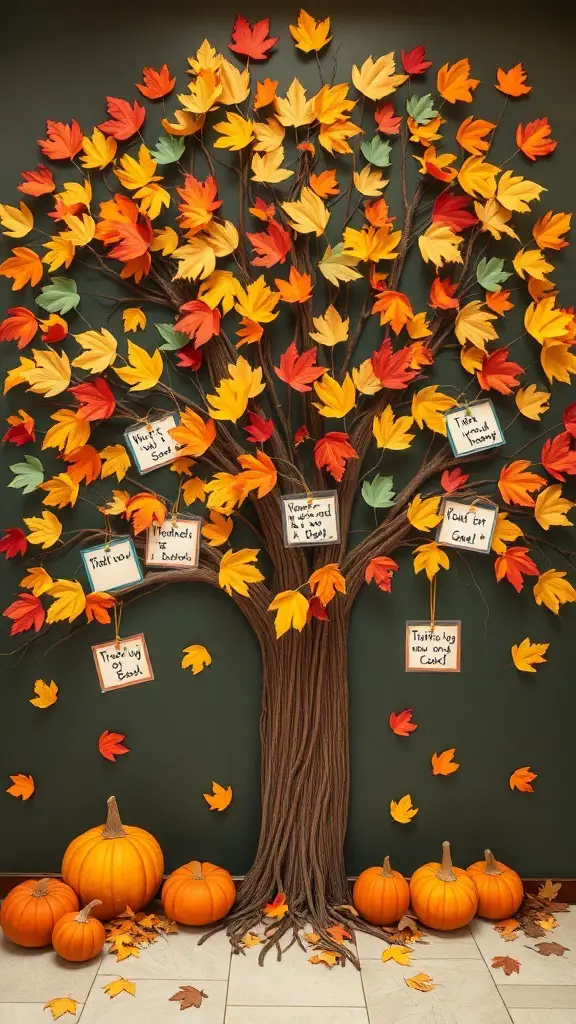 27+ Creative Thanksgiving Crafts for Preschoolers 9 A colorful Thankful Tree with paper leaves and pumpkins, showcasing expressions of gratitude.