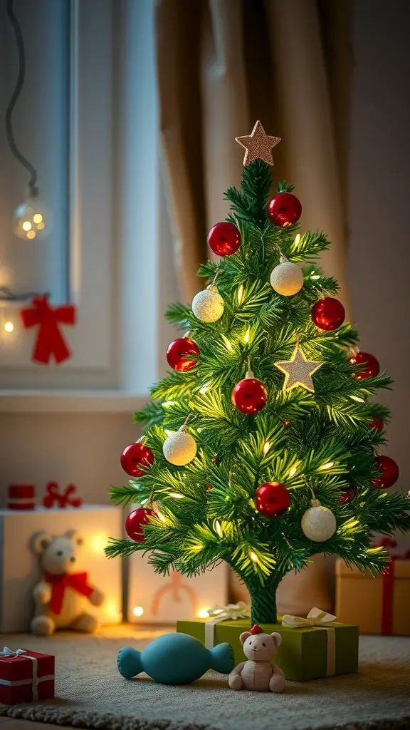 29+ Fun Christmas Activities for Babies to Celebrate the Holiday Season 8 A small Christmas tree decorated with red ornaments and a star, surrounded by gifts and soft toys.