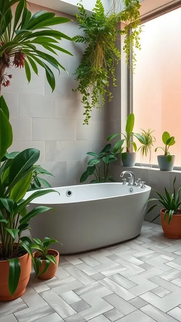 27+ Creative Plant Display Ideas to Transform Your Bathroom 16 A modern bathtub surrounded by various indoor plants in a bright bathroom setting.