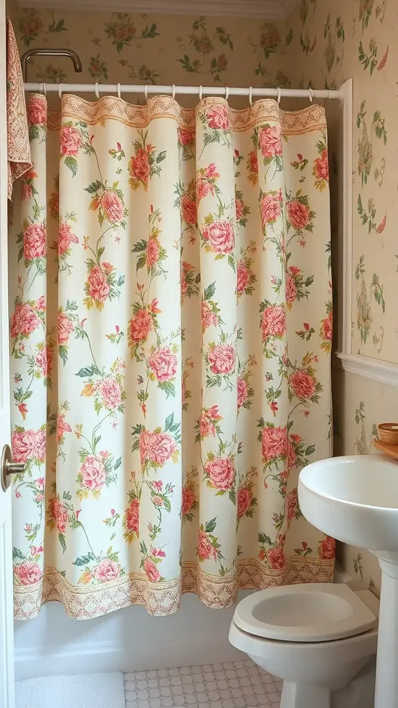A vintage floral shower curtain with roses in a small bathroom setting.