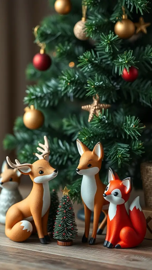 Woodland creature figurines including deer and foxes near a Christmas tree