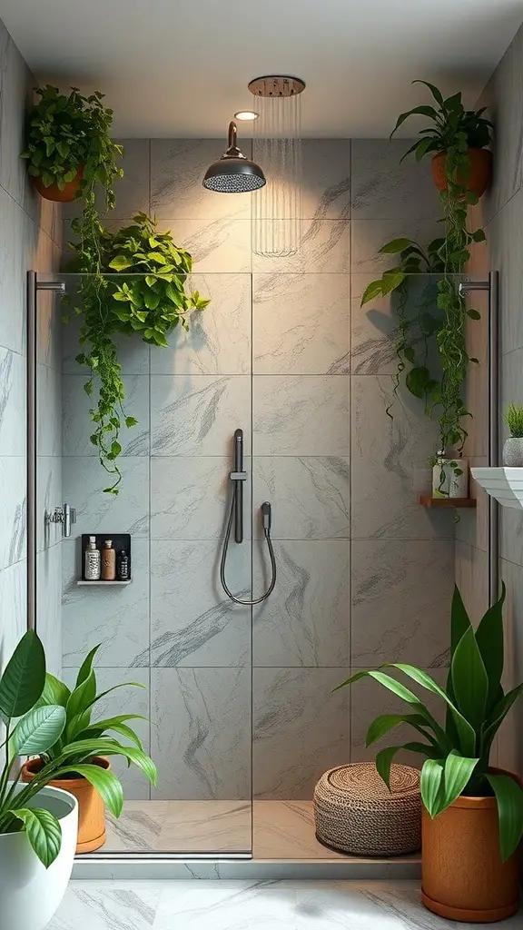 25+ Stunning Walk-In Shower Ideas with No Doors for a Sleek Bathroom Design 13 A walk-in shower featuring plants and modern fixtures