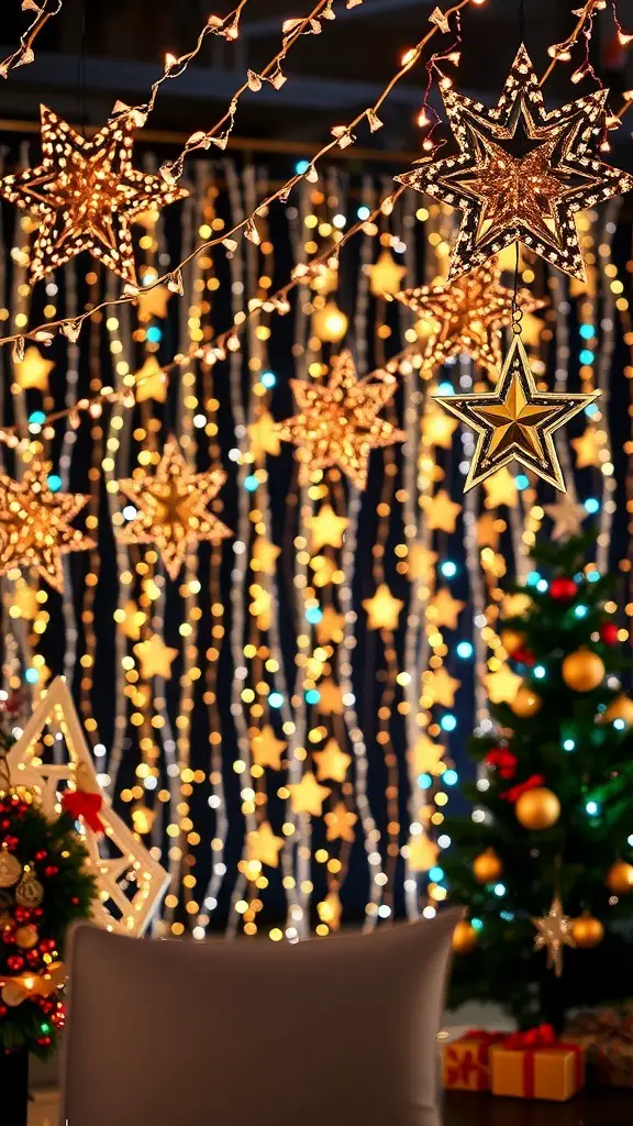 A cozy holiday setting with glittering stars and twinkling lights creating a festive atmosphere.