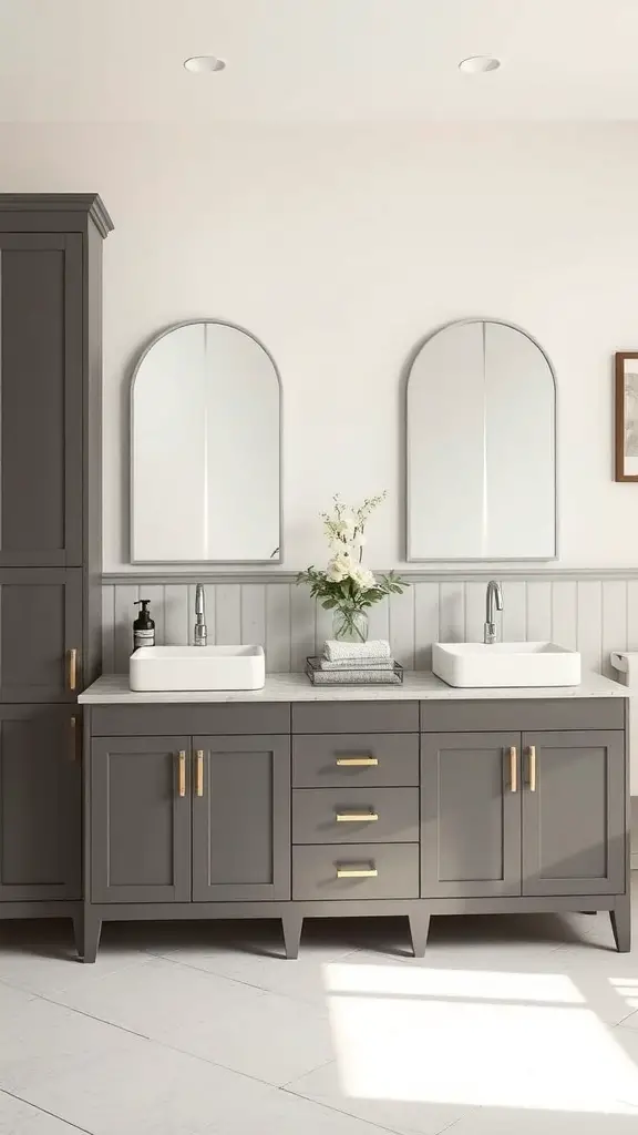 21+ Timeless Bathroom Ideas You’ll Love 10 Modern bathroom with a stylish gray double vanity, two vessel sinks, gold hardware, and curved mirrors.