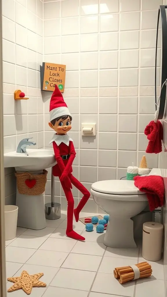 25+ Creative Elf on the Shelf Bathroom Ideas You Need to Try 15 Elf on the shelf in a bathroom with a playful sign and colorful decorations.