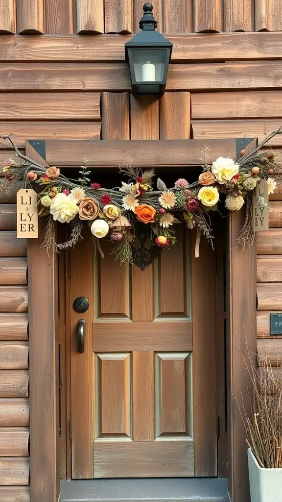A beautifully crafted garland made of dried flowers and natural elements hanging over a wooden doorway.