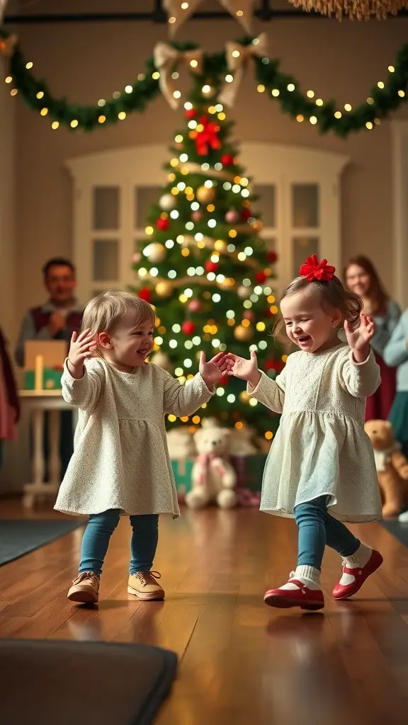 27+ Fun Christmas Activities for Toddlers 10 Two toddlers dancing joyfully in front of a Christmas tree, surrounded by festive decorations.