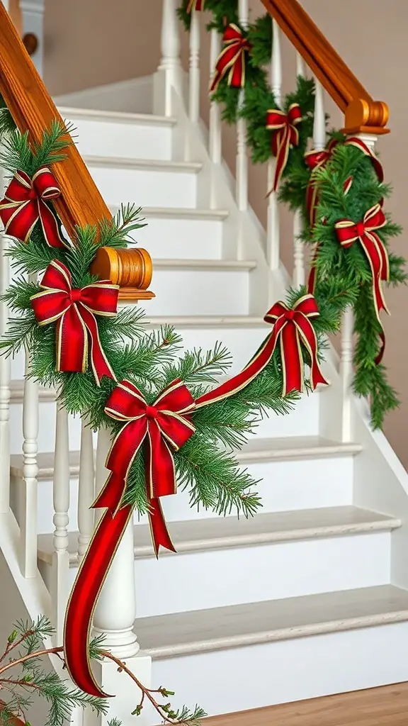 27+ Creative Indoor Christmas Railing Decor Ideas 9 Stair railing decorated with green garlands and red ribbons for Christmas