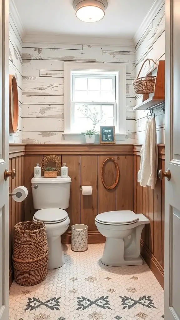 29+ Stunning Half Bath Wallpaper Ideas to Transform Your Space 12 A rustic half bath featuring wood paneling, a white toilet, and decorative elements.
