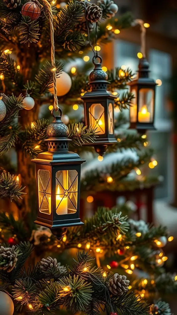 A Christmas tree decorated with vintage lanterns, glowing softly among the branches.