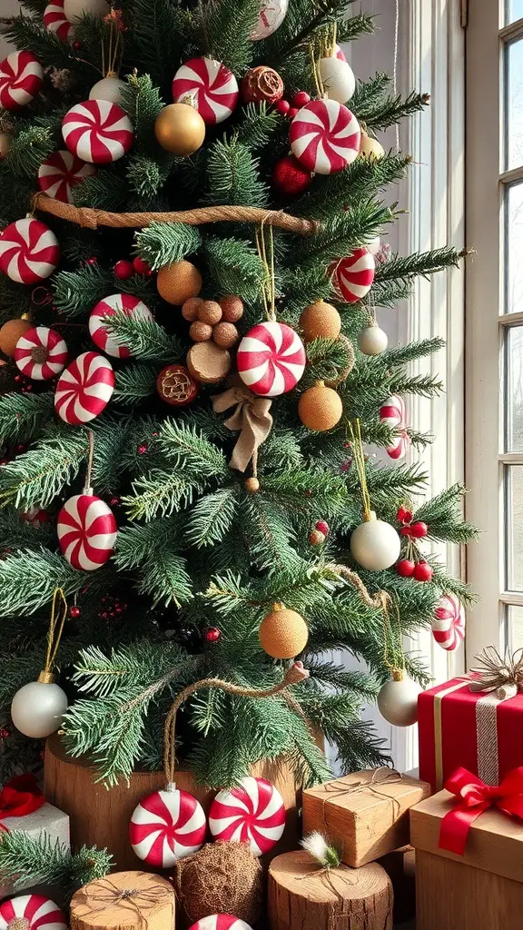 A rustic peppermint-themed Christmas tree decorated with red and white ornaments, wooden accents, and gifts.