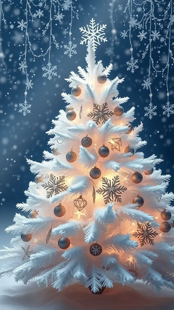 A beautifully decorated white Christmas tree with ornaments and snowflakes, set against a blue winter background.