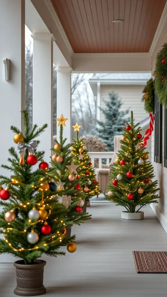 Miniature Christmas trees decorated with lights and ornaments on a porch