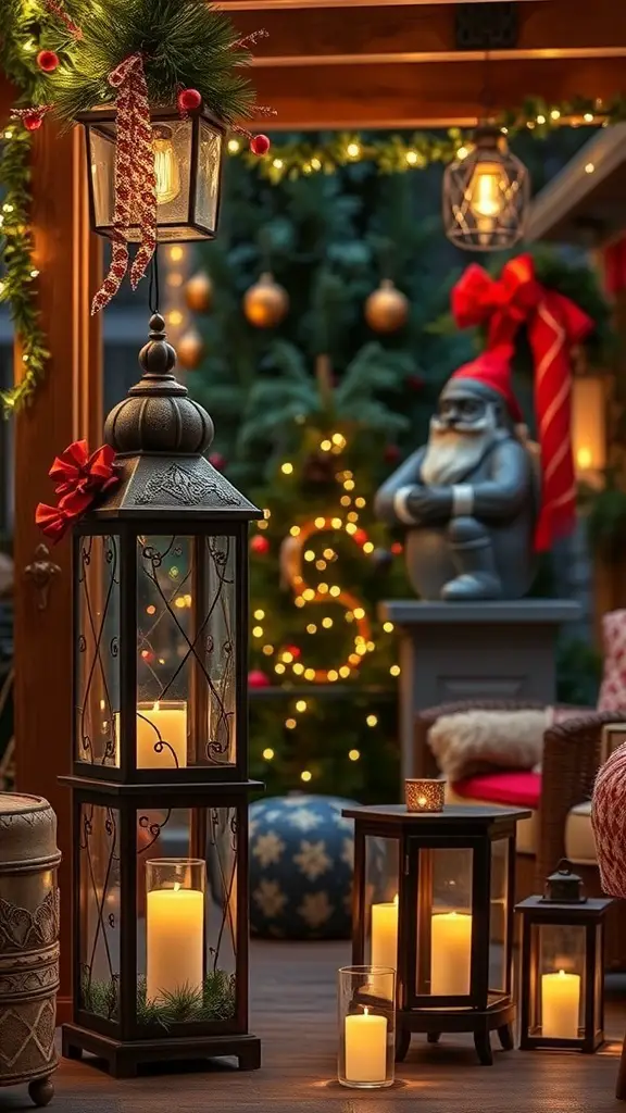 Festively decorated patio with lanterns and seasonal accents