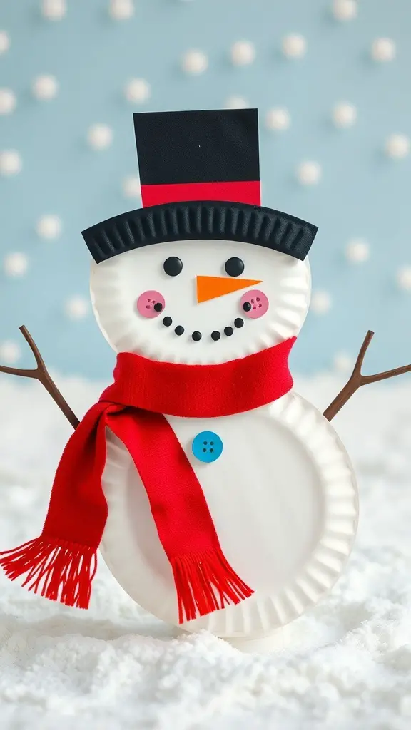 A cheerful paper plate snowman with a red scarf, black hat, and button eyes.
