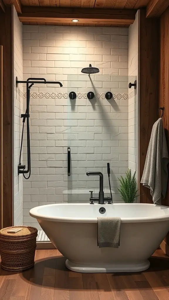 27+ Inspiring Rustic Walk-In Shower Ideas You’ll Love 16 A rustic bathroom featuring a freestanding bathtub and a walk-in shower with wooden walls and black fixtures.