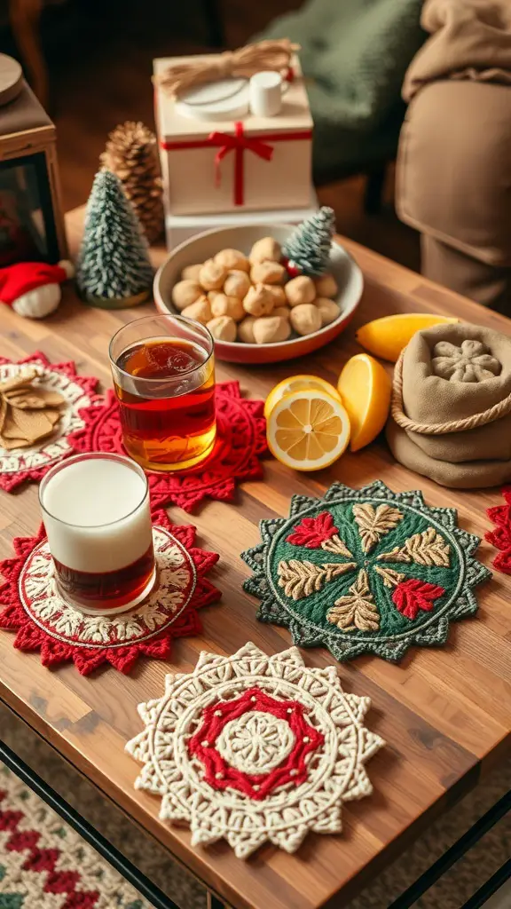 29+ Creative Sewing Projects for Handmade Christmas Gifts 14 A table with colorful sewn fabric coasters, drinks, and snacks, creating a cozy holiday setting.