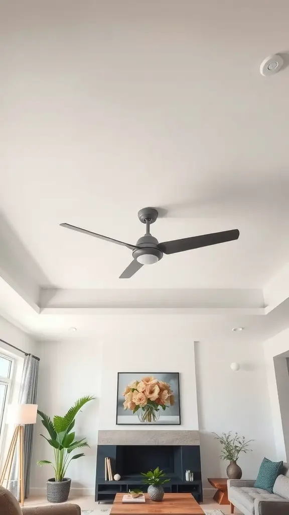 27+ Creative Ceiling Decoration Ideas for Every Room 12 A modern ceiling fan in a stylish living room with plants and a coffee table.
