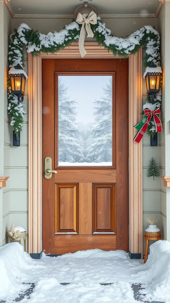 29+ Creative Christmas Doorway Decorations to Brighten Your Holiday Season 15 A beautifully decorated doorway with snowy scene backdrop, featuring greenery, lanterns, and a wooden door.