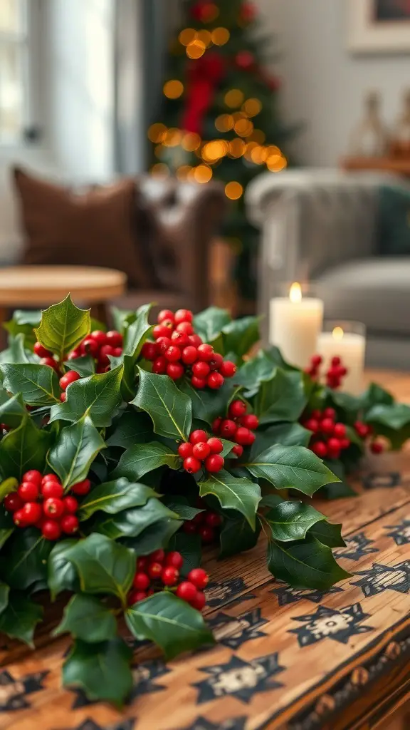 25+ Creative Christmas Coffee Table Decor Ideas to Elevate Your Holiday Style 8 A festive coffee table decorated with holly and berry accents, candles, and a blurred Christmas tree in the background.