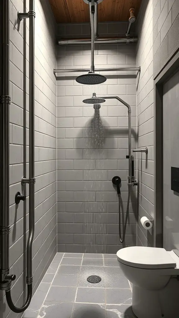 25+ Stunning Pony Wall Shower Ideas for Your Bathroom Remodel 6 A contemporary industrial style shower featuring gray tiles, exposed plumbing, and dual showerheads.